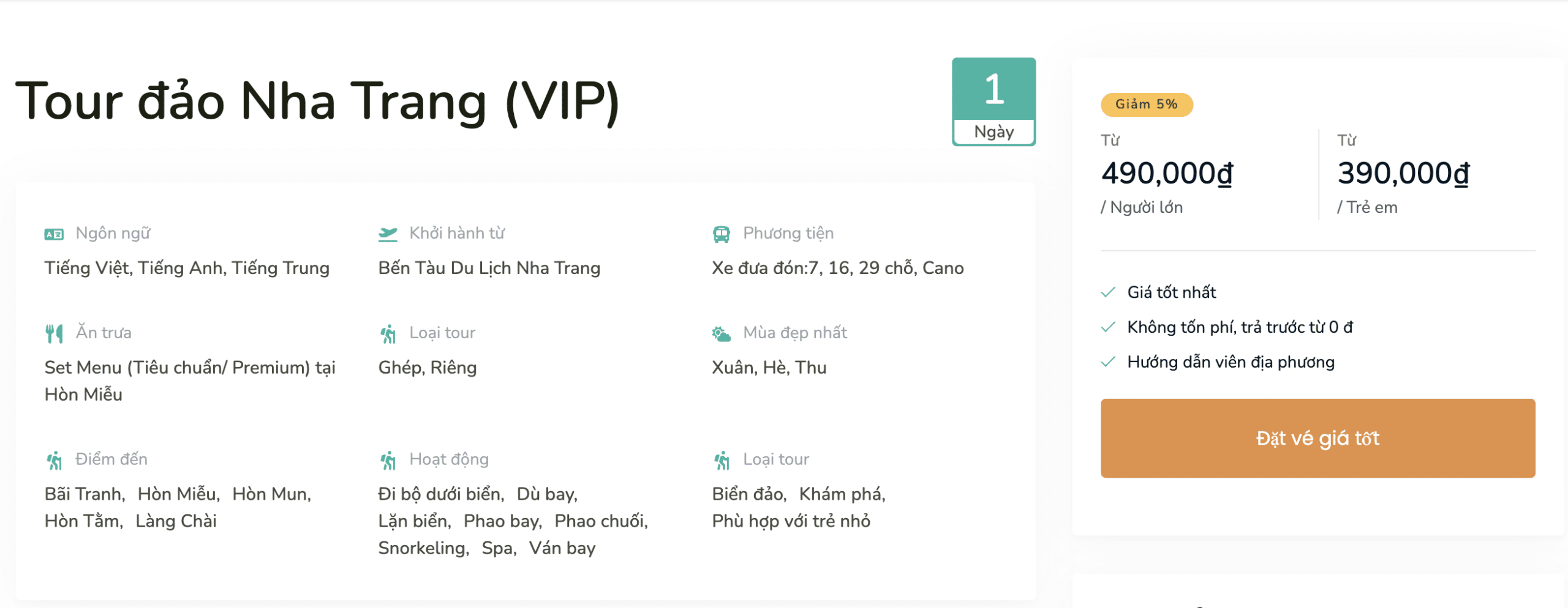 Đặt vé tour đảo Nha Trang - Bước 1