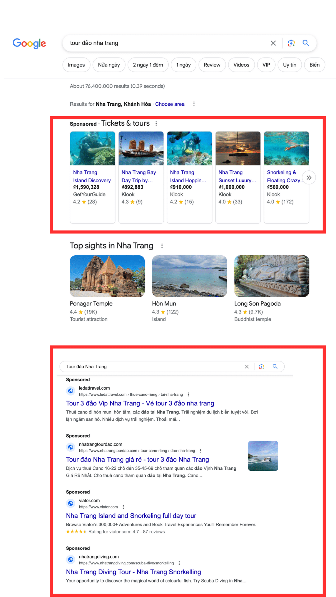 Kết quả tìm kiếm tour đảo Nha Trang trên Google